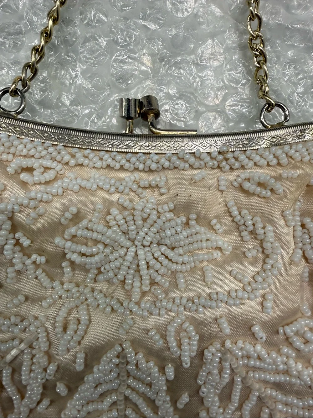 Vintage Beaded Cream Evening Handbag with Chain Handle